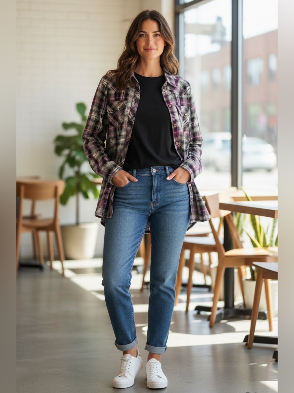 (32)Women's Plaid Snap Blouse in Purple & Black